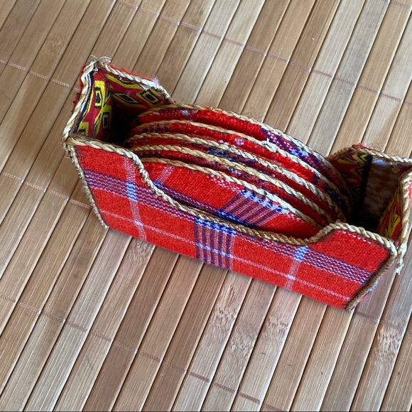 Vintage Handmade Plaid & Caning 5 pc + Holder Coasters Set - Picture 8 of 8